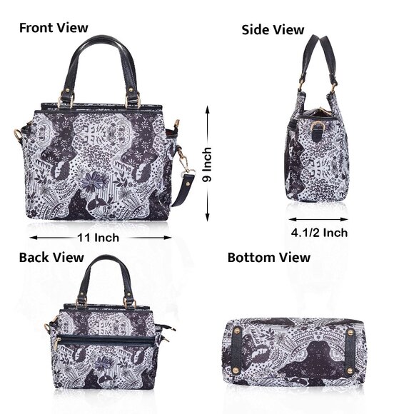 Black Printed Fabric Nylon Ladies Top Handle Satchel Bag Crossbody Sling Purse - Picture 3 of 9